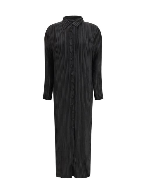 Pleated Shirt-Collar Dress — Black