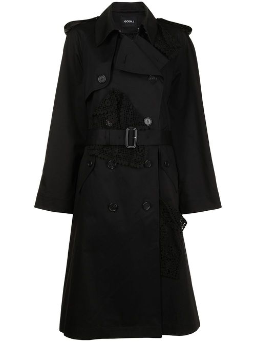 Double-breasted lace-paneled trench coat - Black