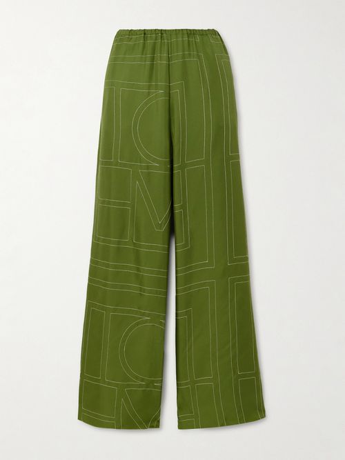 Embroidered Silk-twill Wide-leg Pants - Green