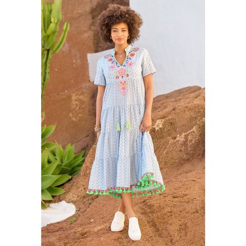 Joe Browns Embroidered Midi Dress With Tie Neckline And Tassel Trim In Blue