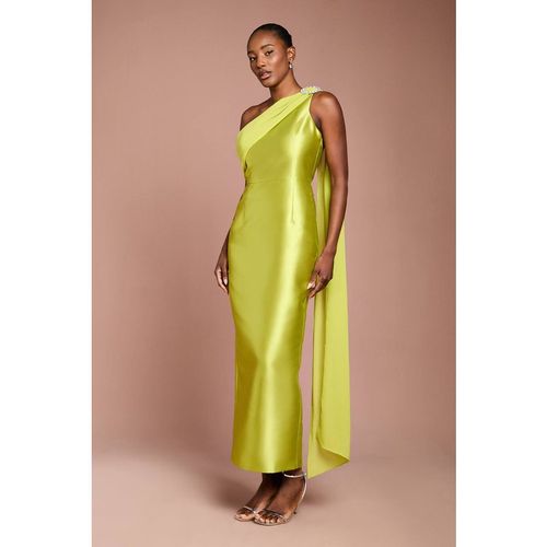 Coast Women's One Shoulder Twill Gown w/ Diamante Brooch Dress in Chartreuse