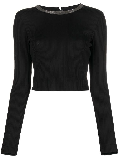 Bead-detail long-sleeve T-shirt - Black