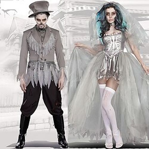 Couples Cosplay Ghost Bride Outfits Couples' Costumes Men's Women's Movie Cosplay Cosplay Costume Party Scary Costume Gray Coat Shirt Dress Carnival Masquerade