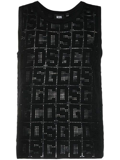 Monogram macramé cotton tank top - Black