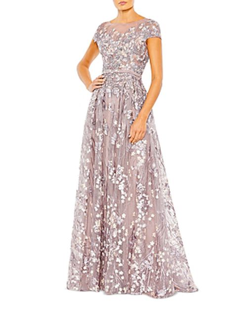 Embroidered Tulle Cap Sleeve Gown