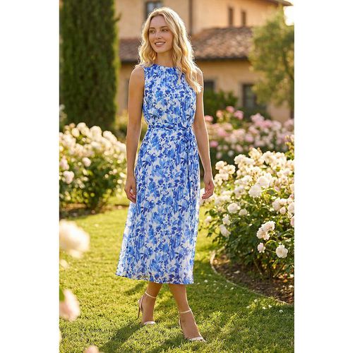 Roman Womens Floral Print Pleat Neck Midi Dress - Blue