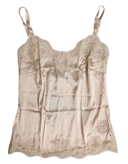 Lace-Trimmed Silk Satin Tank Top — Beige
