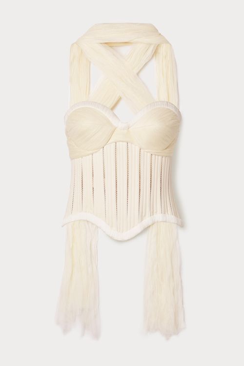 Anika Strapless Cotton-blend Twill, Tulle And Plissé-satin Bustier Top - White