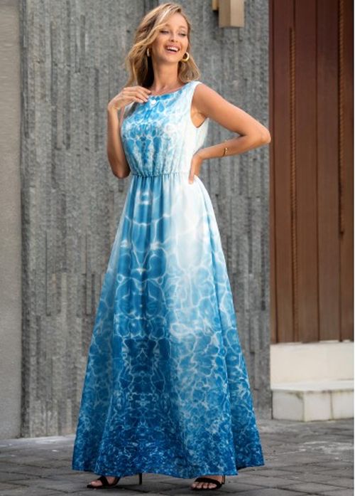 Modlily Blue Tie Dye Print Dress Sleeveless V Back Tie Dye Print Maxi Dre
