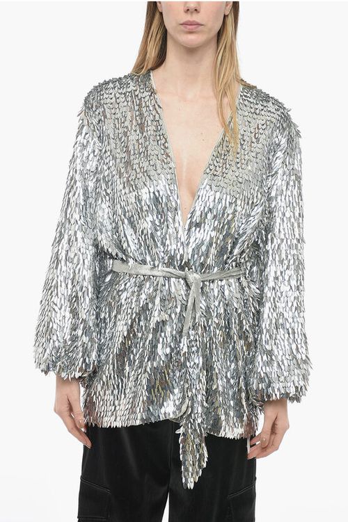 Wrap Dress with Leave-shaped Sequines All-Over