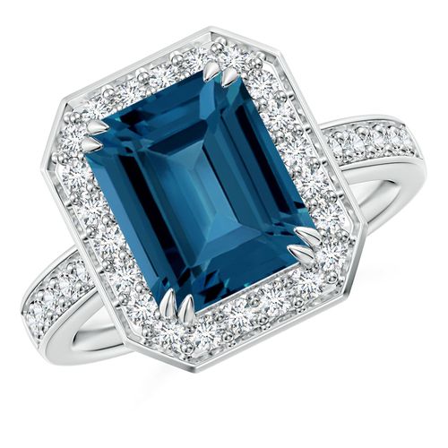Angara 4.0 Carats Emerald-Cut London Blue Topaz Engagement Ring with Halo in Platinum