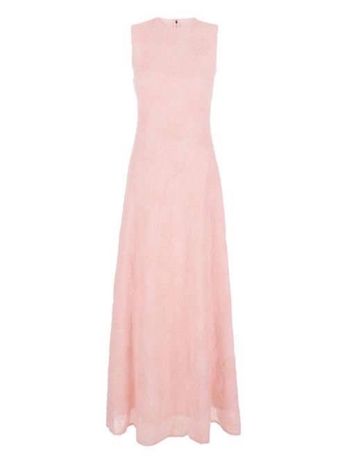 Long Dress of Frilled Mesh with a Tone-on-tone Floral Pattern