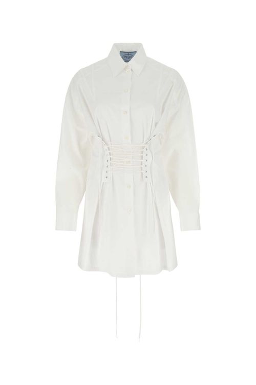 Corset-Waist Shirt Dress — White