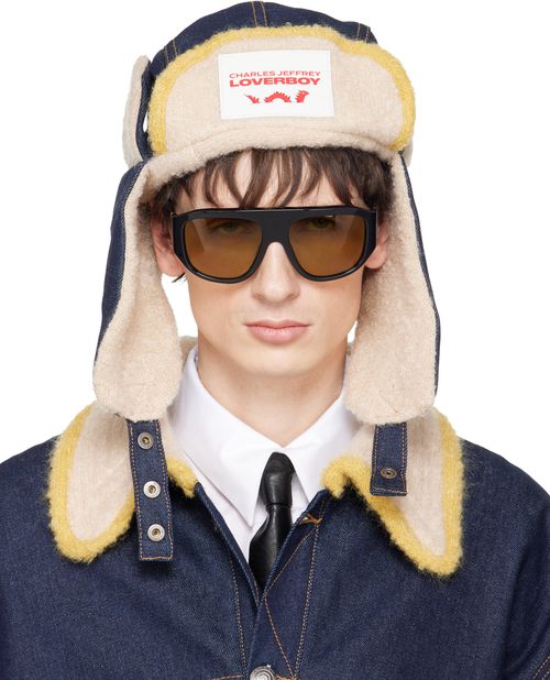 Navy & Beige Knit Patch Trapper Hat