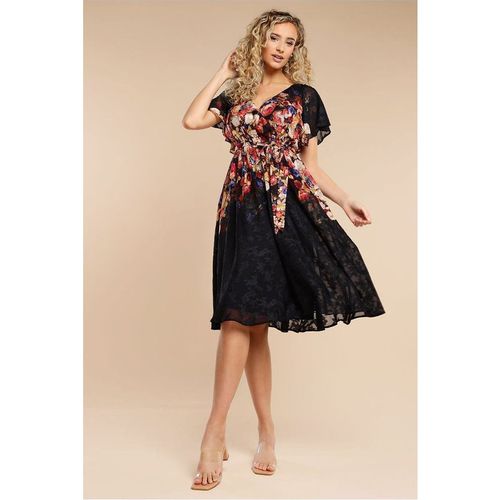 Goddiva Floral Flutter Sleeve Wrap Midi Dress - Black