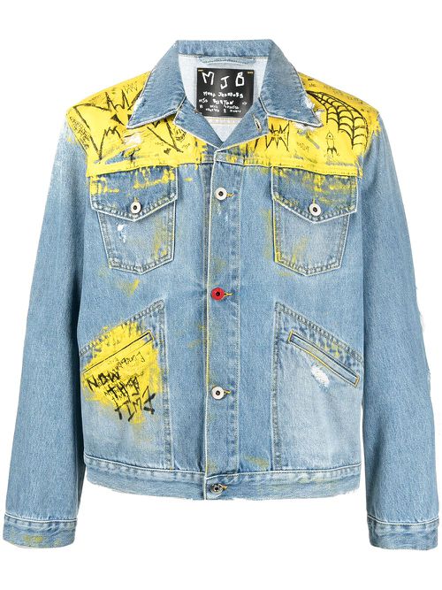 Graffiti-print distressed denim jacket - Blue