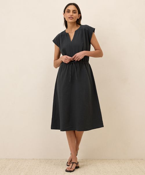 Women's Black Coastal Double Gauze Tie Waist Midi Dre