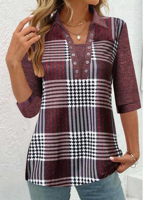 Modlily Shirt Collar Deep Red Eyelet Plaid Blouse