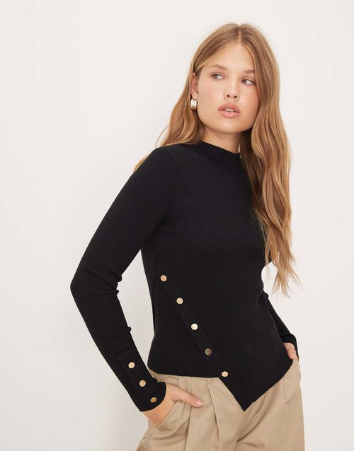 Asymmetric knitted top with gold buttons in black