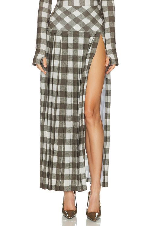 Norma Kamali Pleated Long Skirt in Bark Box Plaid - Olive,White. XS also in L