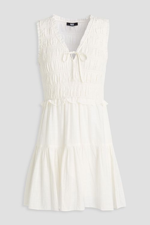 Shirred linen-blend gauze mini dress - White - US 4