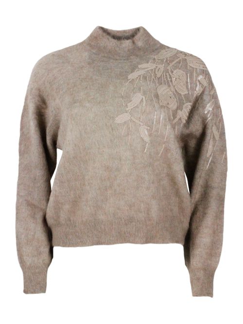 Long-sleeved Turtleneck Sweater With Special Sequin Appliqué In Soft Mohair And Wool Yarn