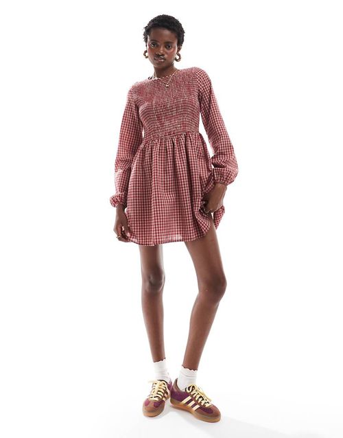 daisy street | Daisy Street shirred detail mini smock dress in red natural  gingham-Multi | Realry