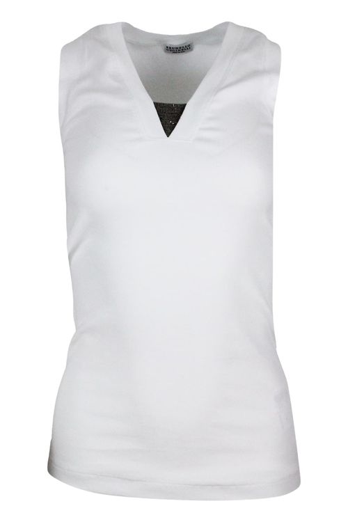 Tank Top T-shirt In Ribbed Stretch Cotton With V-neck And Monili