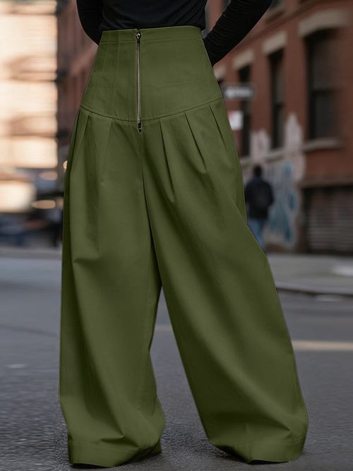 Men's Solid Loose High Waist Casual Pant SKUL40263 - Green / S