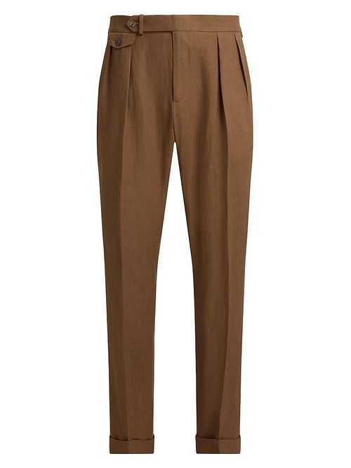 Men's Pleated Linen Straight-Leg Trousers - Mochaccino