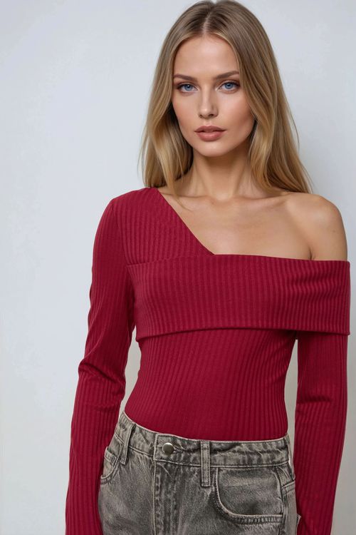 Burgundy Red Asymmetrical Neck Textured Knit Top Women