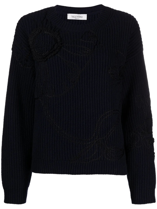 Floral-Embroidered Cashmere-Wool Sweater — Navy