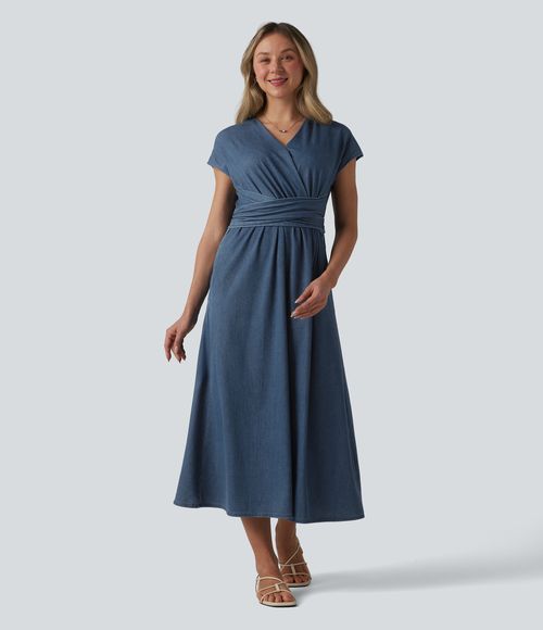 Flex™ V Neck Short Sleeve Tie Back Denim Midi Casual Dress with Pockets  - Estate Blue Denim