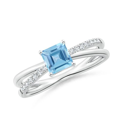 Angara 0.75 Carat Square Swiss Blue Topaz Crossover Shank Ring with Diamonds in Platinum
