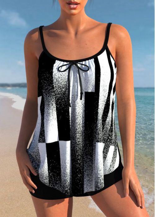 Modlily Bowknot Geometric Print Black Contrast Tankini Top