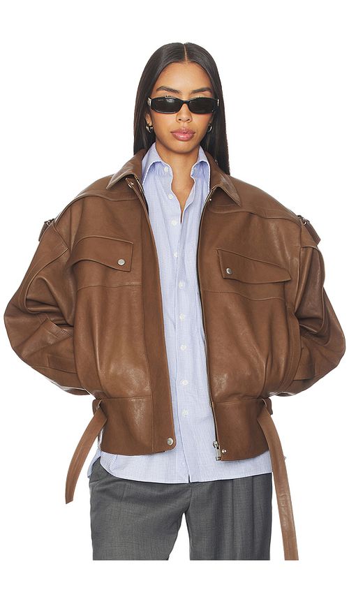 Magda Butrym Belted Leather Bomber Jacket in Brown. 34. Also