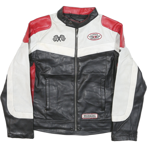 CAPSIZE Mens Black & White & Red Leather Motorcross Jacket XL Biker Zip Moto