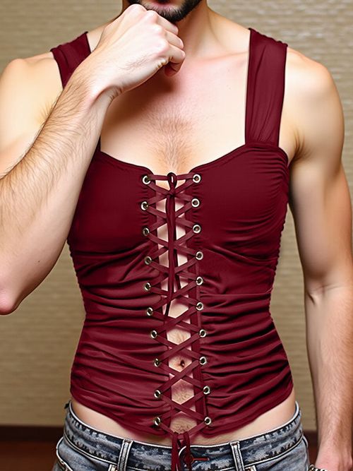 Mens Drawstring Cropped Sleeveless Tank SKUL04269 - Wine Red / S