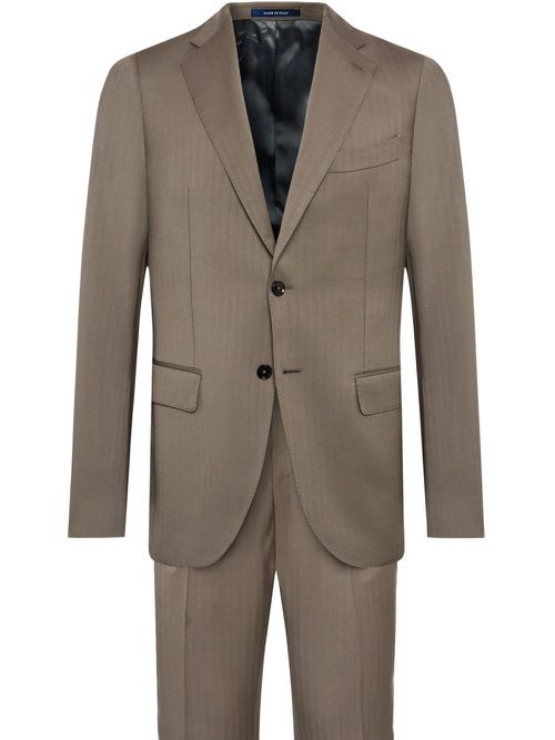 Dove Grey Herringbone Pure Wool Suit - Brown