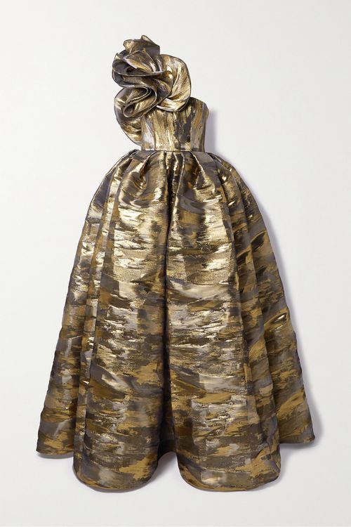 Strapless Pleated Ruffled Metallic Brocade Gown - Gold