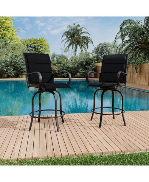 2 Piece Outdoor Swivel Bar Stools, High Back with Armrests, Counter Height for Deck Lawn Garden Backyard - Black