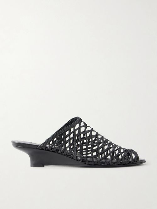 Woven Leather Wedge Mules - Black