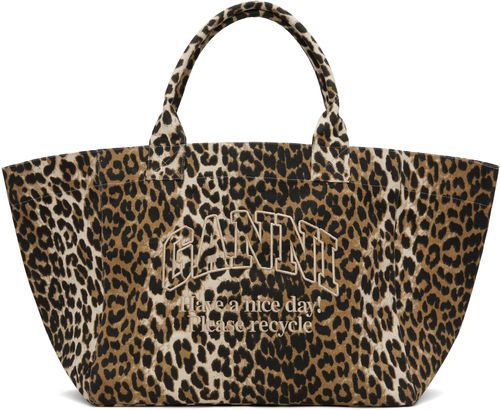 GANNI Beige Oversized Leopard-Print Canvas Tote