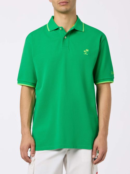 Man Green Cotton Piquet Polo Shirt Beverly Hills With Palm Embroidery __single__ - Men