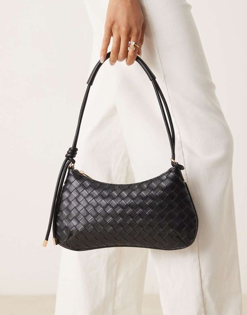 Woven shoulder bag with knot detail skinny strap in black