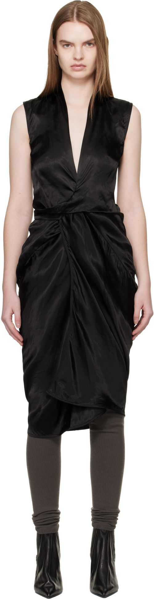 Black Temple Wrap SL Midi Dress