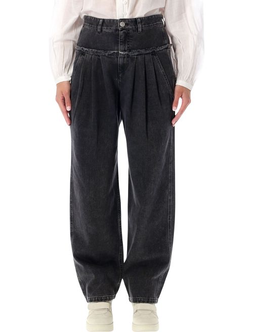 Iniza Wide-Leg Pleated Denim Jeans with Fringed Waist Yoke