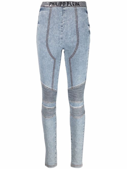 Logo-waistband denim leggings - Blue