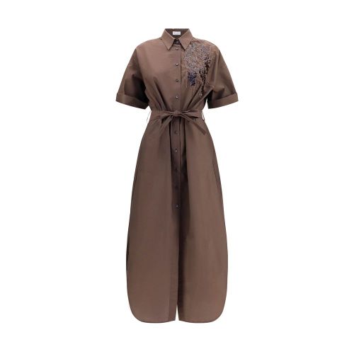Sequin-Embroidered Cotton Dress — Brown
