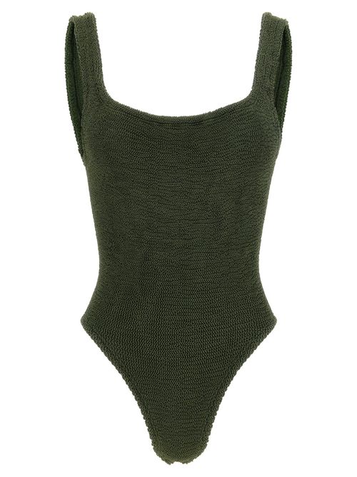 Crinkle-Textured Square Neck Swimsuit — Khaki